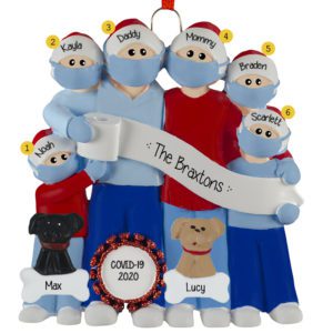 Image of Personalized Family Of Six Wearing Masks With 2 Pets Ornament