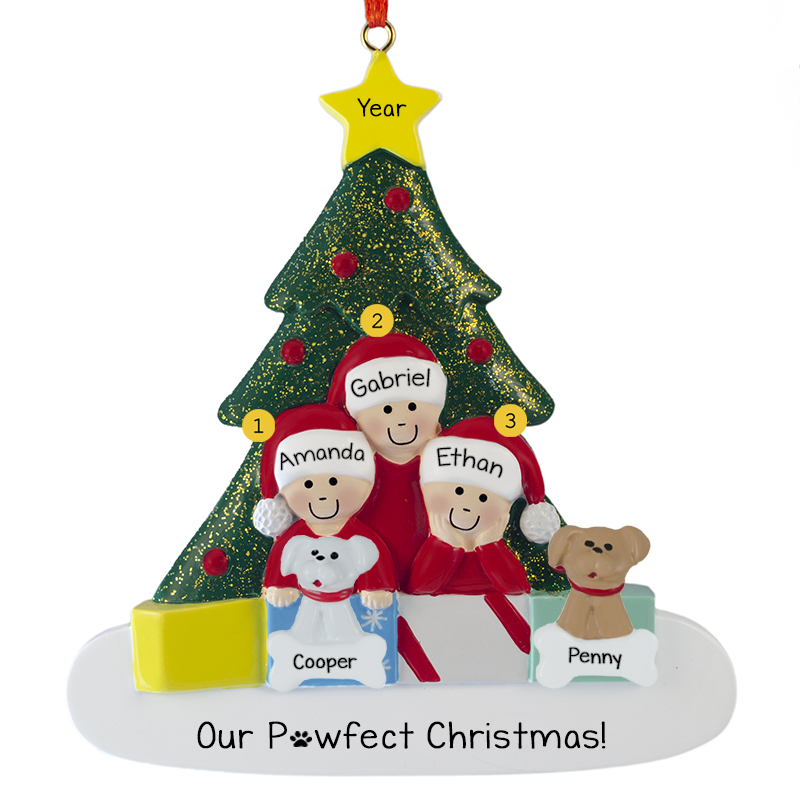 Personalized Family Of 3 With 2 Dogs Glittered Tree Ornament ...