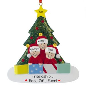 Image of Personalized Family Of 3 With 3 Pets Glittered Tree Ornament