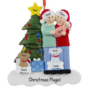 Image of Family Of 3 With Baby GIRL And 2 Pets Glittered Tree Ornament