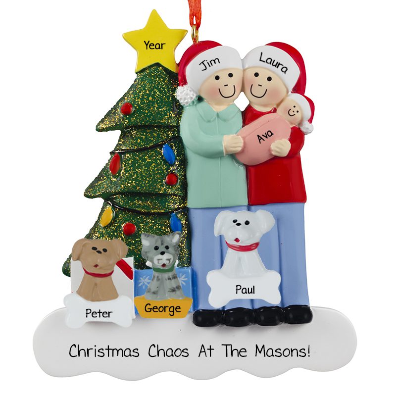 Family Of 3 With Baby GIRL And 3 Pets Glittered Tree Ornament ...