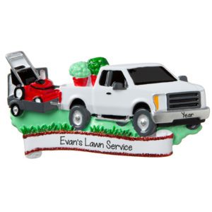 Image of Personalized Lawn Service White Truck And Trailer Ornament