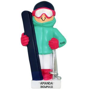 Image of Personalized FEMALE Skier Holding Skis Ornament