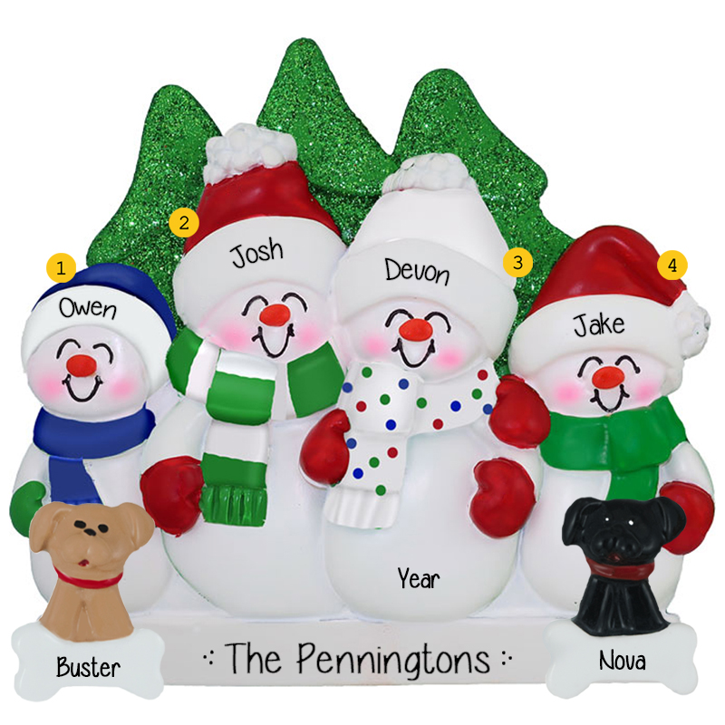 Personalized Snow Family Of 4 With 2 Pets Glittered Trees Ornament ...