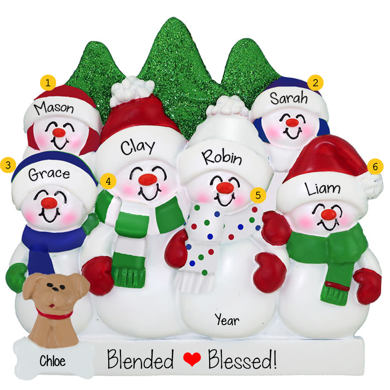 Personalized Snowman Family of 6 with 4 Dogs or Cats Christmas Ornament 