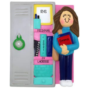 Image of Personalized BRUNETTE Female At SILVER Locker With Books Ornament
