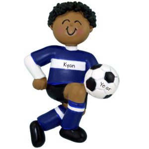 Image of Personalized African American BOY Kicking Soccer Ball Ornament BLUE Uniform