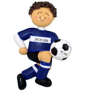 Image of Personalized BOY Kicking Soccer Ball Ornament BLUE Uniform BROWN Hair