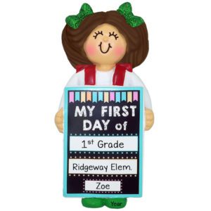 Image of Personalized GIRL Holding First Day Of School Chalkboard Ornament BRUNETTE