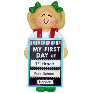 Image of Personalized GIRL Holding First Day Of School Chalkboard Ornament BLONDE