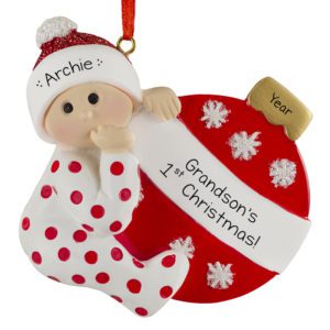 Image of RED Personalized Grandson's 1st Christmas Polka Dotted PJs And Ball Ornament