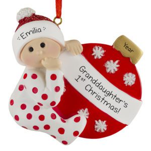 Image of RED Personalized Granddaughter's 1st Christmas Polka Dotted PJs And Ball Ornament