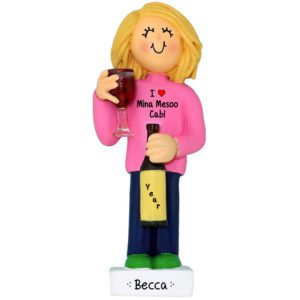 Image of Personalized FEMALE Wine Lover Holding Bottle Ornament BLONDE
