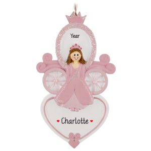 Image of Personalized Princess With Glittered Carriage And Heart Ornament BRUNETTE
