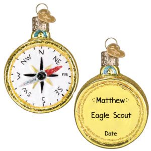 Image of Personalized Boy Scout Gold Compass Glittered 3-D Glass Ornament
