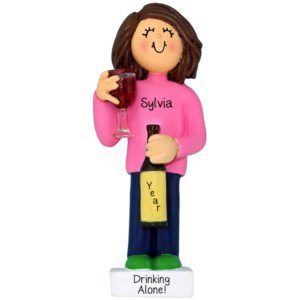 Image of Personalized FEMALE Drinking Wine Alone Bottle And Glass Ornament BRUNETTE