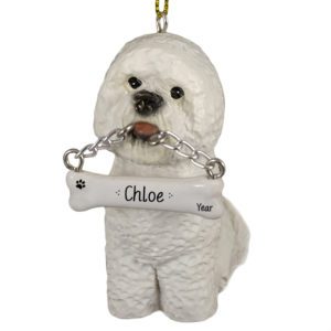 Image of Personalized Maltese Statue With Dangling Bone Ornament PUPPY CUT