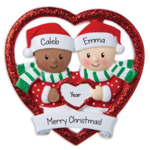 Image of Personalized Bi-Racial Couple Holding Glittered Heart Ornament