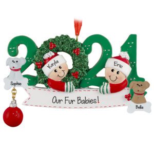 Image of Personalized 2021 Couple And 2 Pets Glittered Wreath Ornament