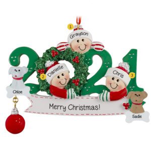 Image of Personalized 2021 Family Of 3 With 2 Pets GREEN Glittered Wreath Ornament
