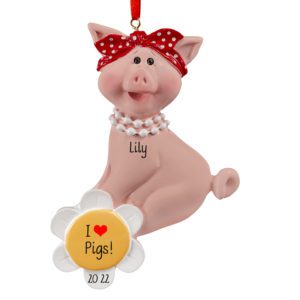 Image of Personalized I Love Pigs Cute Pig Wearing Bandana Ornament