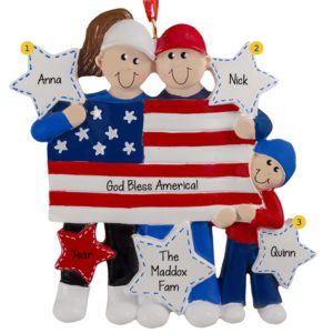 Image of Personalized Patriotic Family Of 3 Holding American Flag Ornament