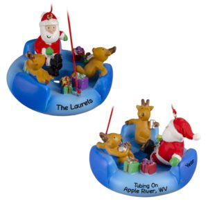 Image of Personalized Santa And Two Reindeer Tubing On River Ornament