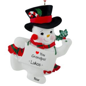 Image of Love You Grandpa Snowman Holding Glittered Holly Personalized Ornament