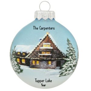 Image of Personalized Log Cabin Winter Scene Glass Ball Ornament