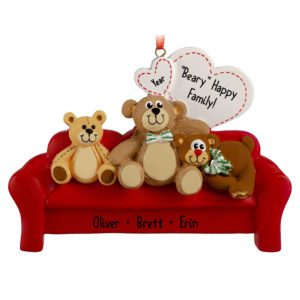 Image of Personalized Family Of Three Bears Cuddling On Red Couch Ornament