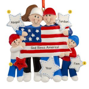Image of Personalized Patriotic Family Of 4 Holding American Flag Ornament