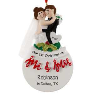 Image of Personalized Mr & Mrs Married 1st Christmas Glittered Holly Ornament