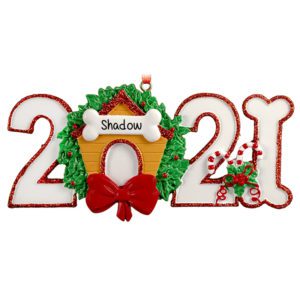 Image of Personalized 2021 Dog House And Bone Glittered Numbers Ornament