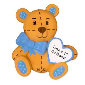 Image of Personalized Baby BOY's 1st Birthday Teddy Bear Holding Heart Ornament