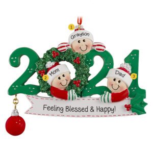 Image of Personalized 2021 Family Of 3 With Pet GREEN Glittered Wreath Ornament
