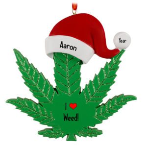 Image of Personalized I Love Weed Glittered Marijuana Leaf Ornament