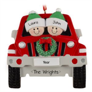 Image of Personalized Couple In SUV Glittered Wreath Ornament