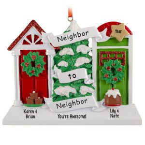 Image of Awesome Neighbors Glittered Tree And Doors Personalized Ornament