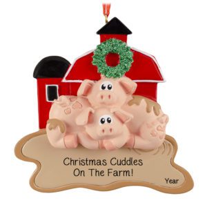 Image of Personalized Cuddling Pigs In Mud With Barn And Glittered Wreath Ornament