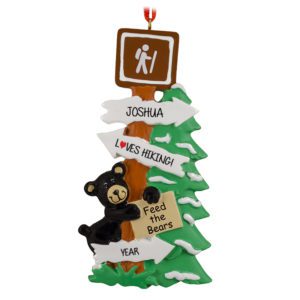 Image of Personalized Black Bear On Hiking Trail Glittered Tree Ornament