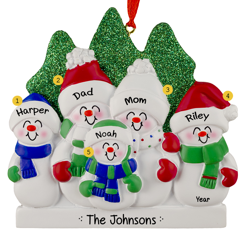 Personalized Snowman Family Of 5 Glittered Trees Ornament ...