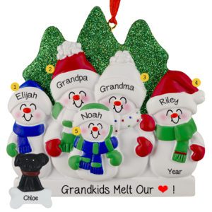 Image of Grandparents And 3 Grandkids With Pet Glittered Trees Personalized Ornament