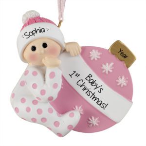Image of Personalized Baby GIRL'S 1st Christmas Polka Dotted PJs Ornament PINK