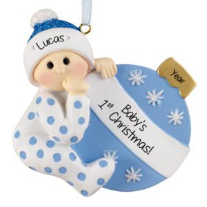 Image of Personalized Baby BOY'S 1st Christmas Polka Dotted PJs Ornament BLUE