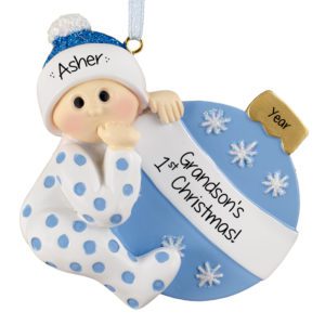 Image of Personalized GRANDSON's 1st Christmas Polka Dotted PJs Ornament BLUE
