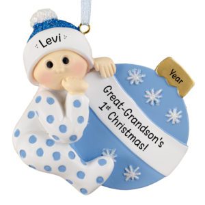 Image of Personalized GREAT-GRANDSON's 1st Christmas Polka Dotted PJs Ornament BLUE