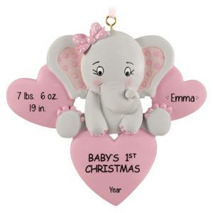 Image of GIRL'S 1st Christmas With Statistics Elephant And Hearts Ornament PINK