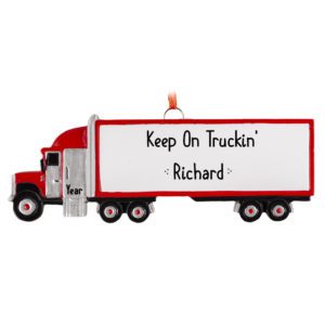 Image of Personalized Red And White Tractor Trailer Christmas Ornament