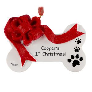Image of Personalized Puppy's 1st Christmas Red Bow And Pawprints Ornament