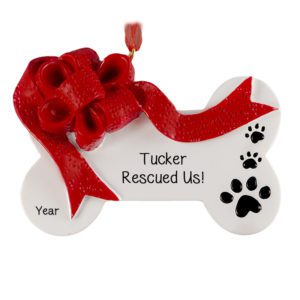 Image of Personalized Rescue Dog Red Bow And Pawprints Bone Ornament